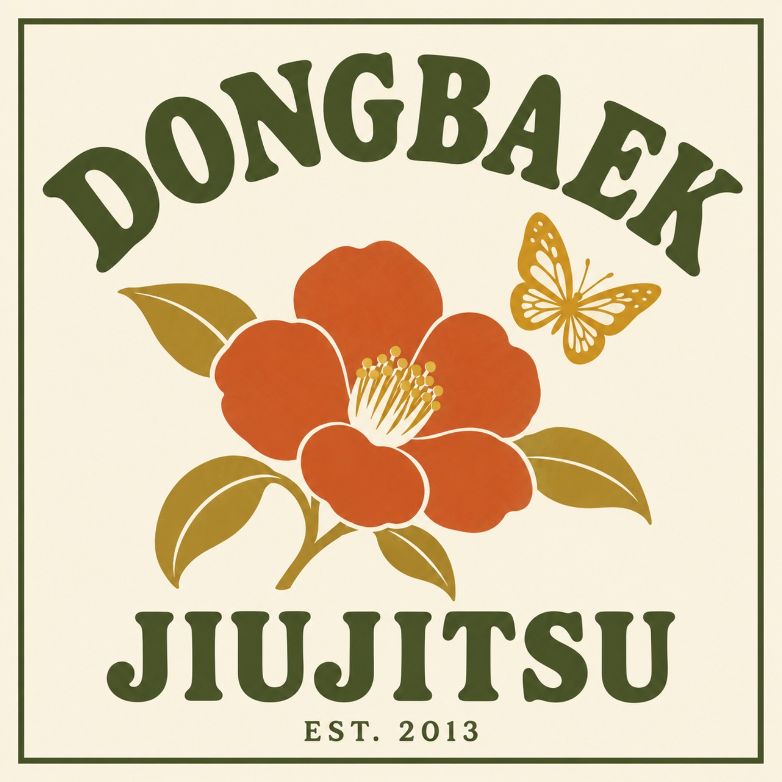 동백꽃과 나비가 함께하는 DONGBAEK JIUJITSU 브랜드 로고